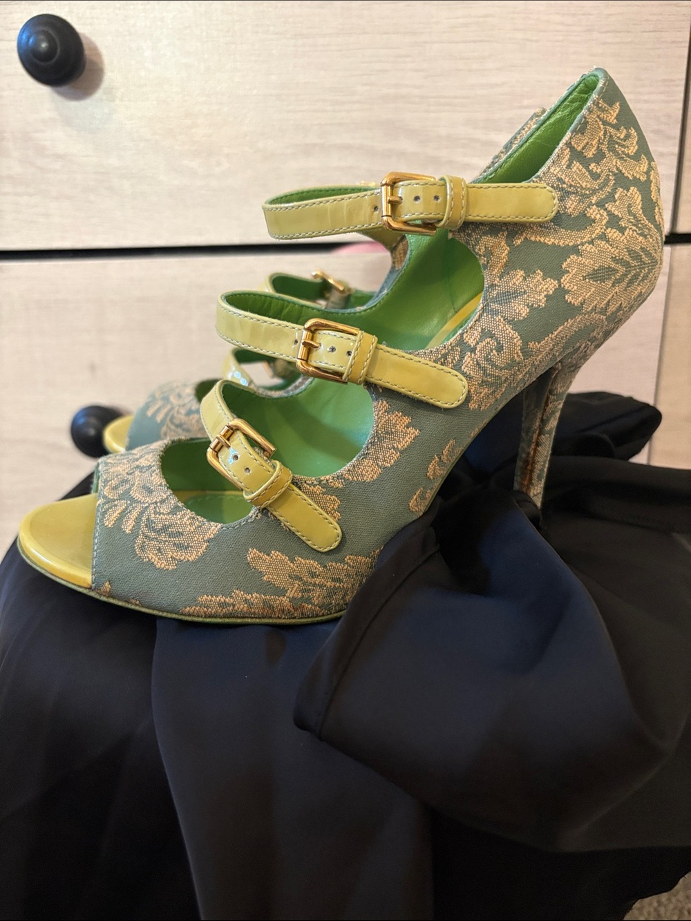 Dolce Gabbana Green Brocade Embroidered Mary Jane Heels with Lime Straps